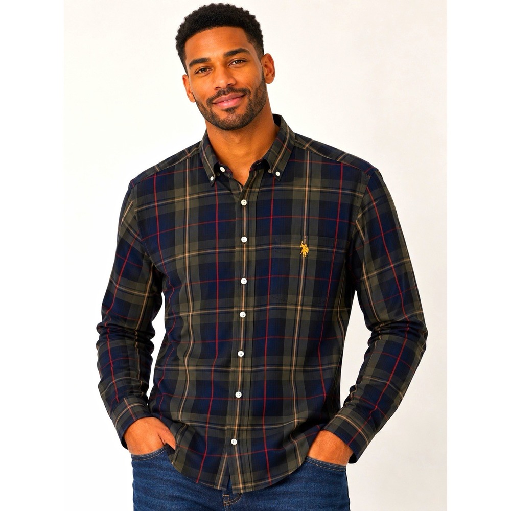 U.S. Polo Assn. Plaid Button-Down Long Sleeve Shirt Navy Brown 2XL